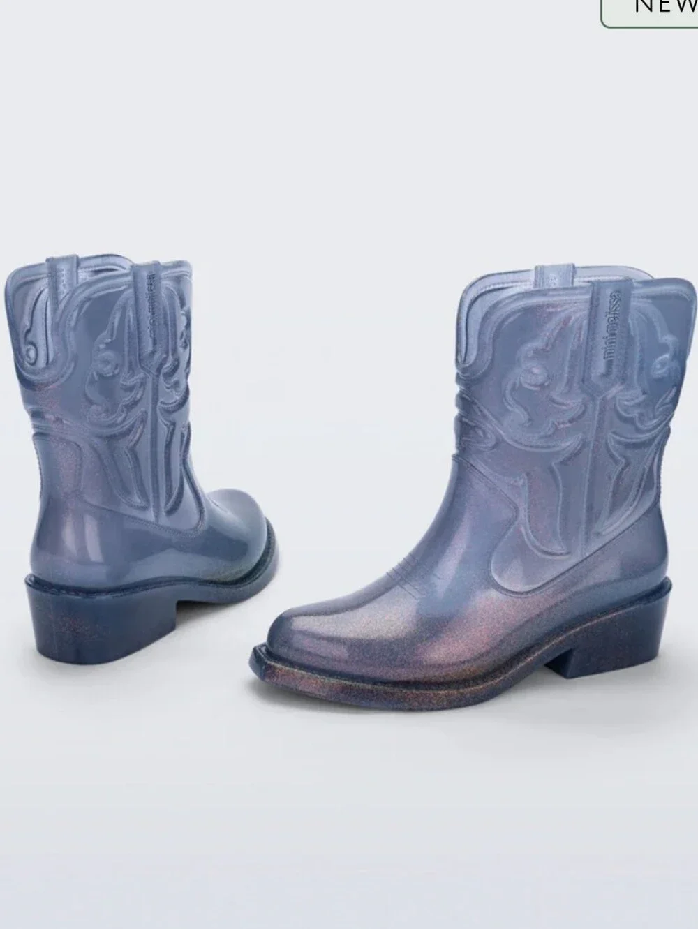 Mini Melissa Texas Boot Blue Glitter Cowboy Boot Big Kids Size 3